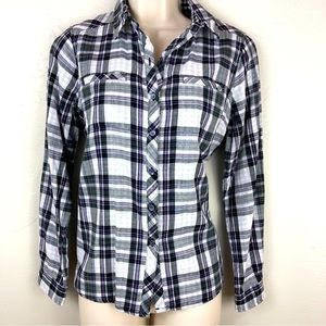 Sandra Ingrish & Co Petites Black White Plaid Button Front Blouse